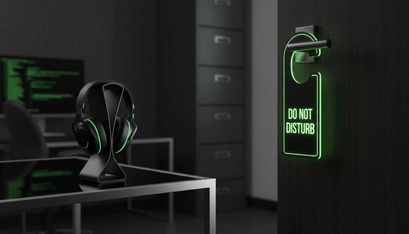 A professional close-up of a “Do Not Disturb” sign on a door and headphones on a desk, symbolizing confidentiality