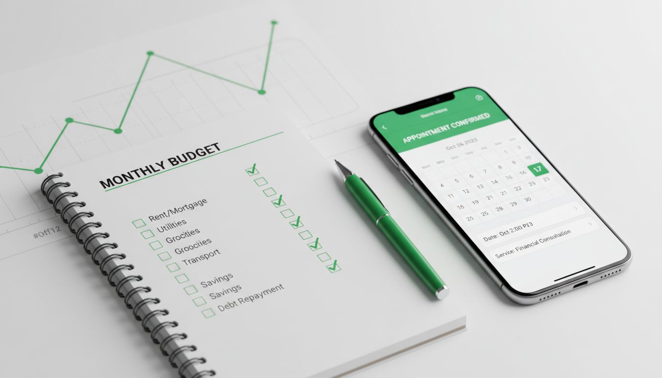 A clean professional visual of a notebook with a budget checklist and a phone showing a calendar booking screen