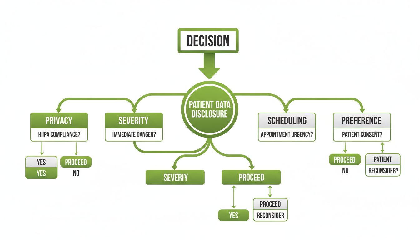 A professional decision-flow graphic style image showing a branching path: privacy, severity, scheduling, preference