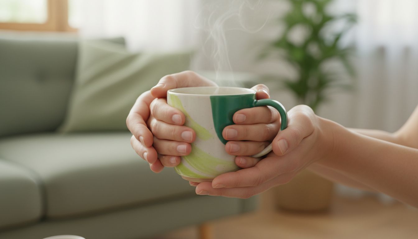 A professional, sensitive image of a person holding a warm mug with supportive hands nearby, conveying care and stability