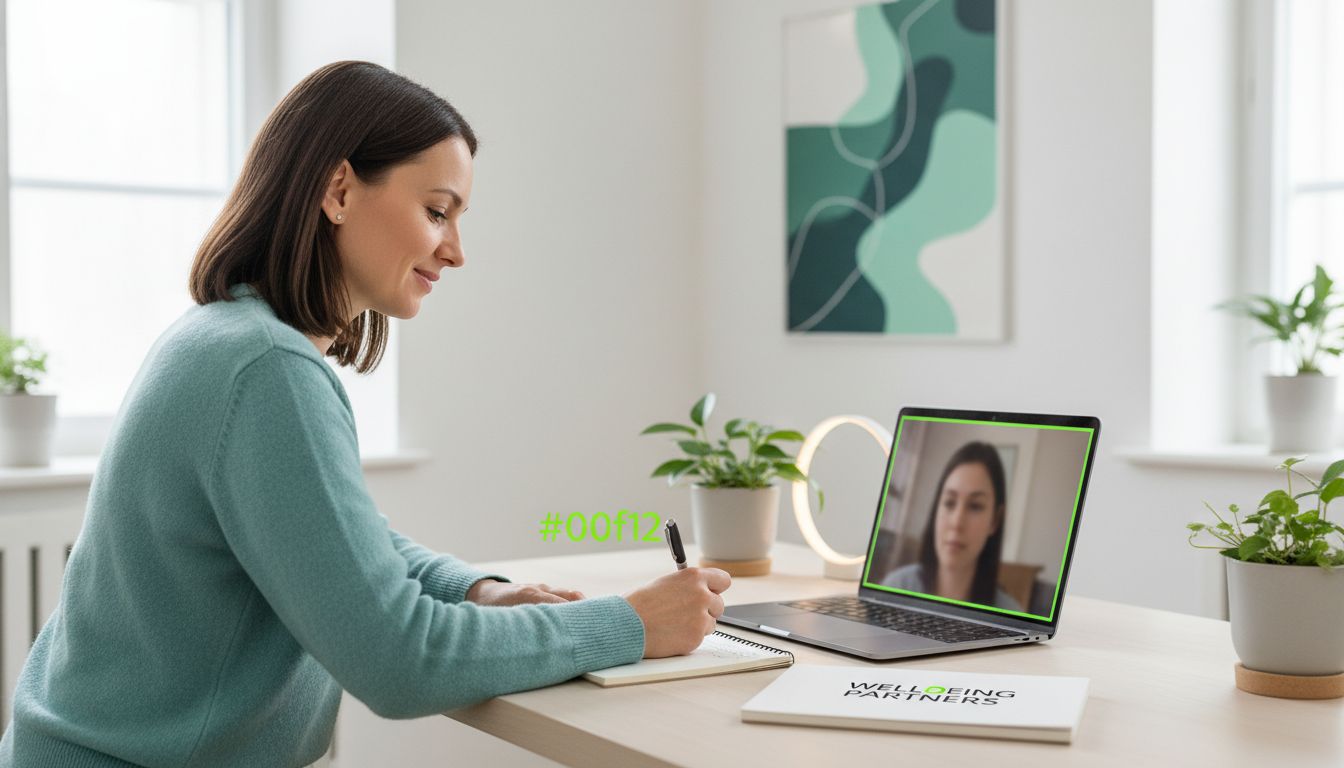 A professional image of a consultation call: therapist taking notes, calm setting, minimalistic and trustworthy
