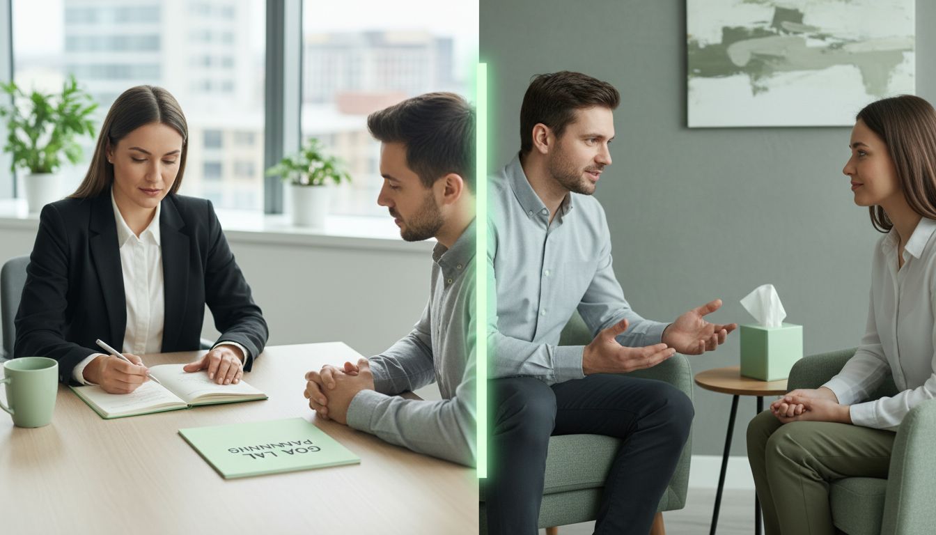 A professional, high-quality split-screen photo showing a calm coaching session on one side (goal planning notebook) and a therapy session on the other (empathetic listening), neutral tones, modern office setting