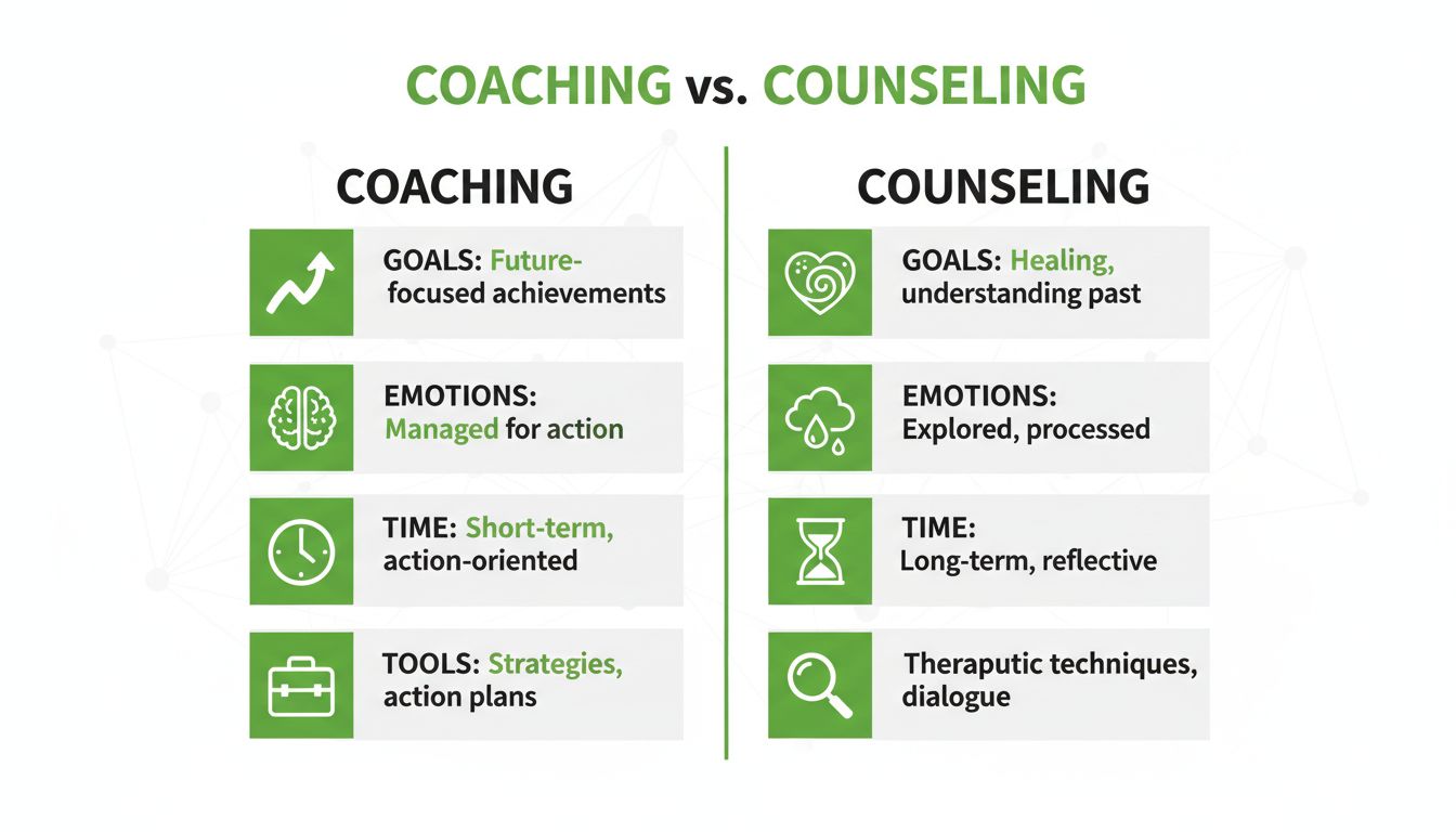 A professional comparison visual showing two columns labeled Coaching and Counseling, with icons for goals, emotions, time, and tools