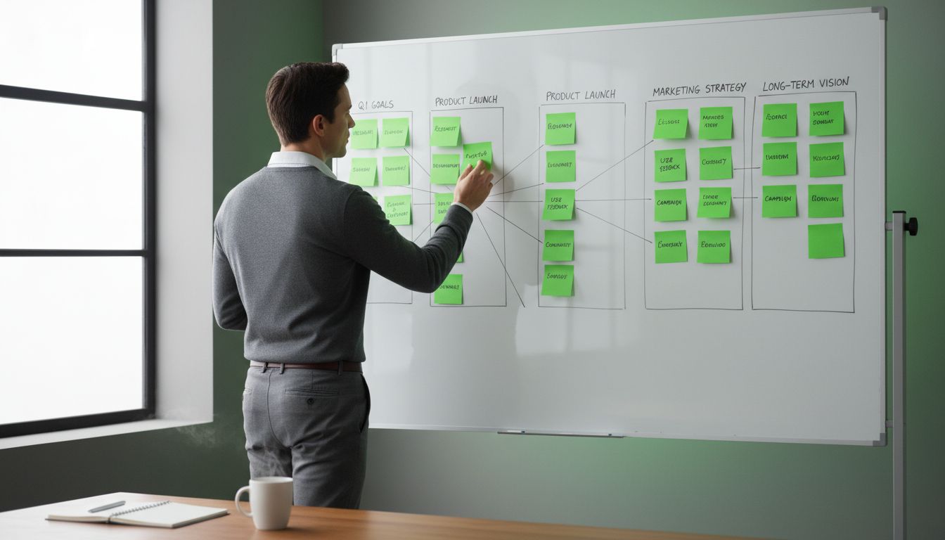 A professional, high-quality image of a person mapping goals on a whiteboard with sticky notes, calm and focused atmosphere