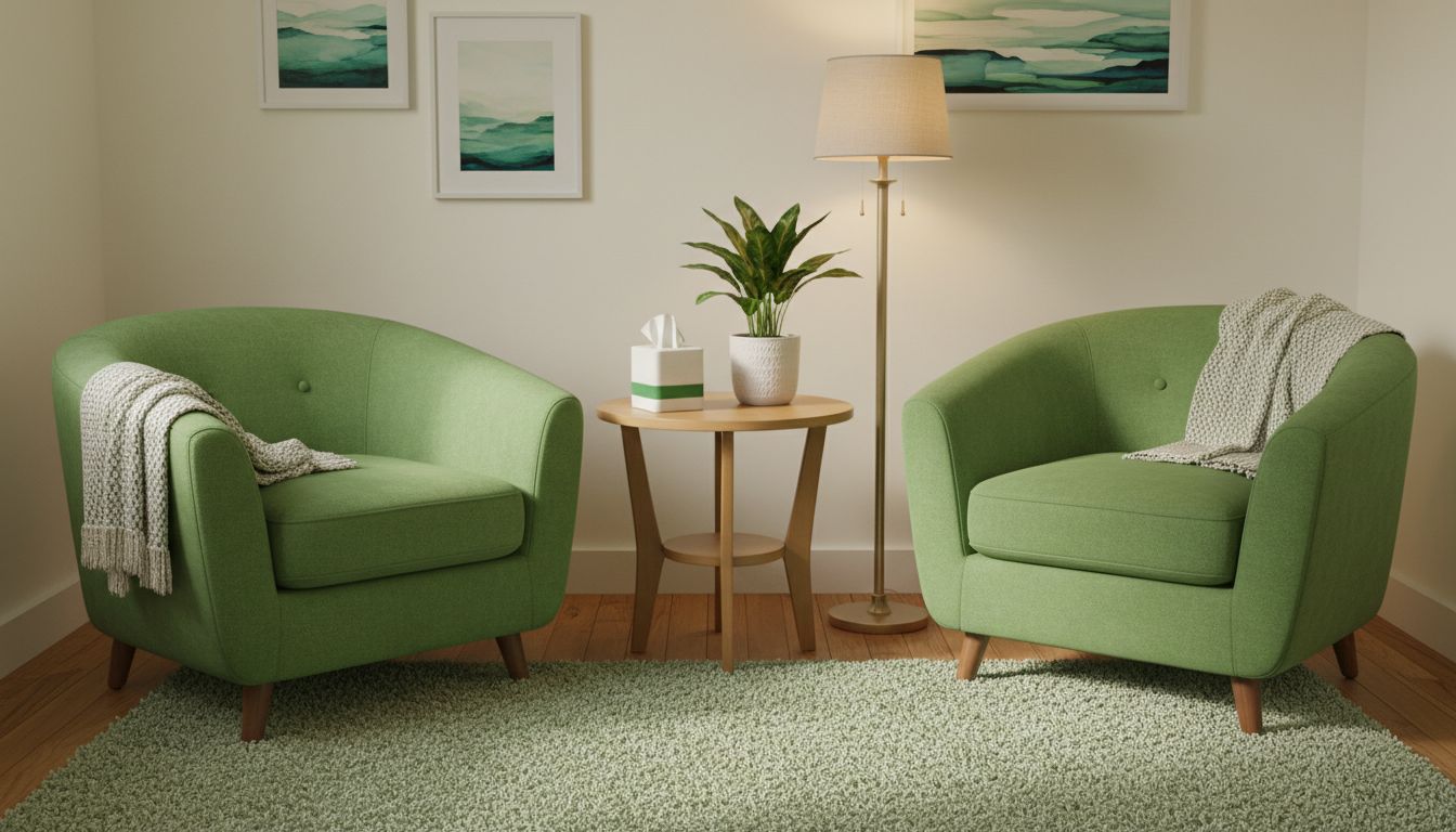 A professional, high-quality image of a calm therapy room with warm lighting, tissue box on table, and comfortable chairs