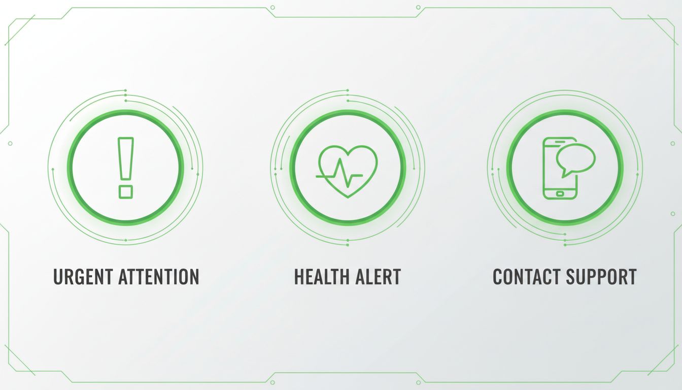 A professional infographic-style image showing warning icons (exclamation mark, heart, phone) on a clean background