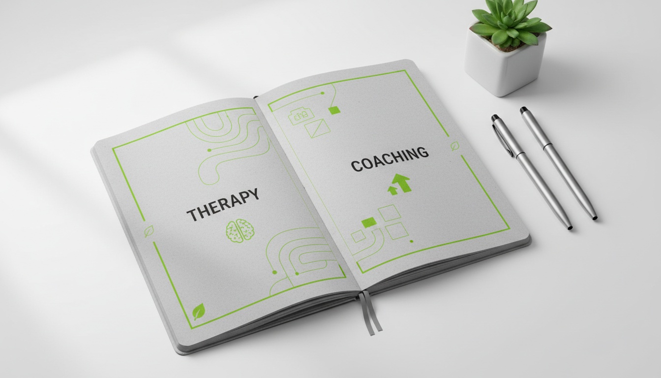 A professional, high-quality image showing a notebook with two sections labeled “Therapy” and “Coaching,” minimal modern design
