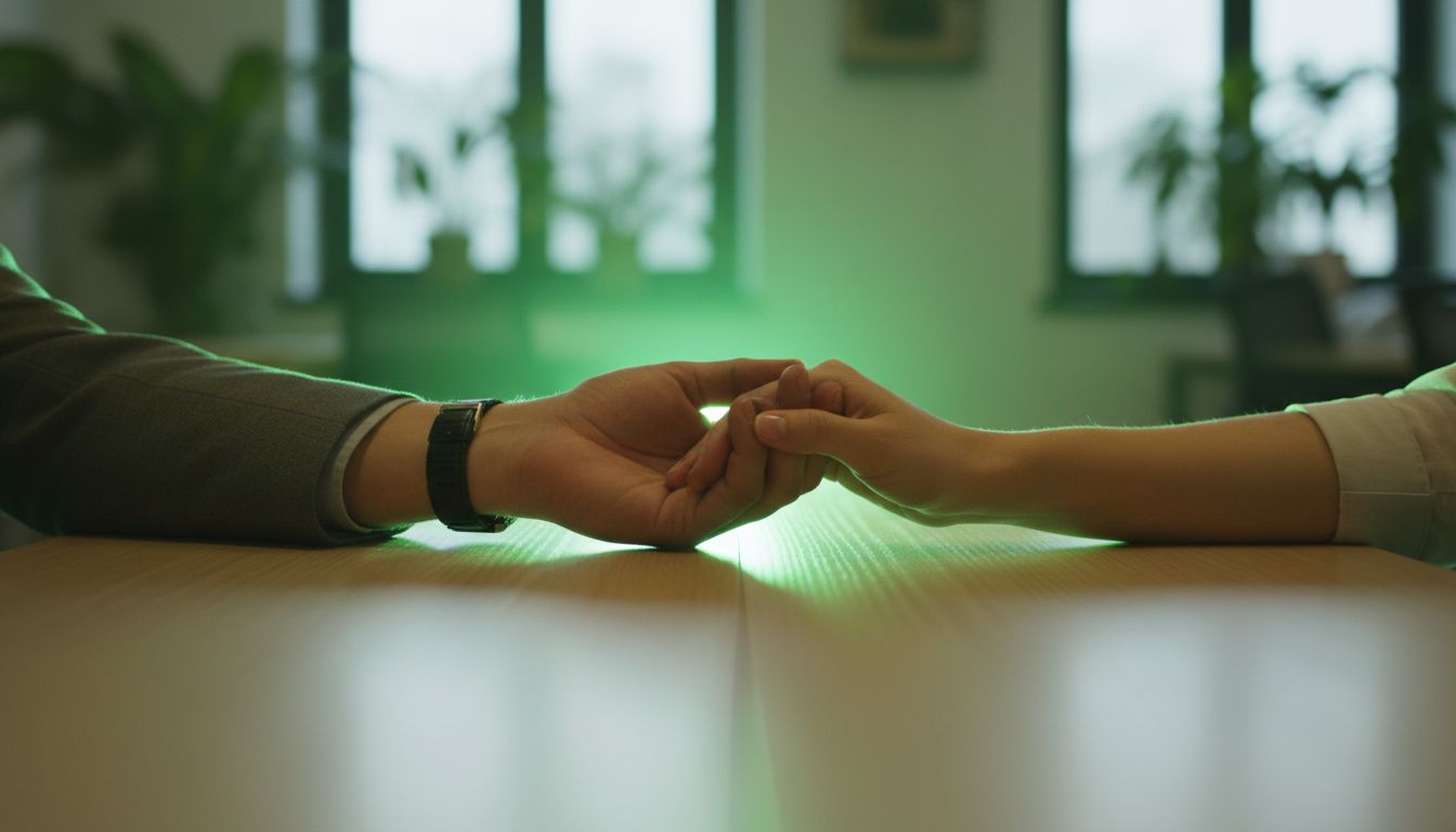 A professional, high-quality image of two hands meeting in the middle over a table with a calm, supportive vibe