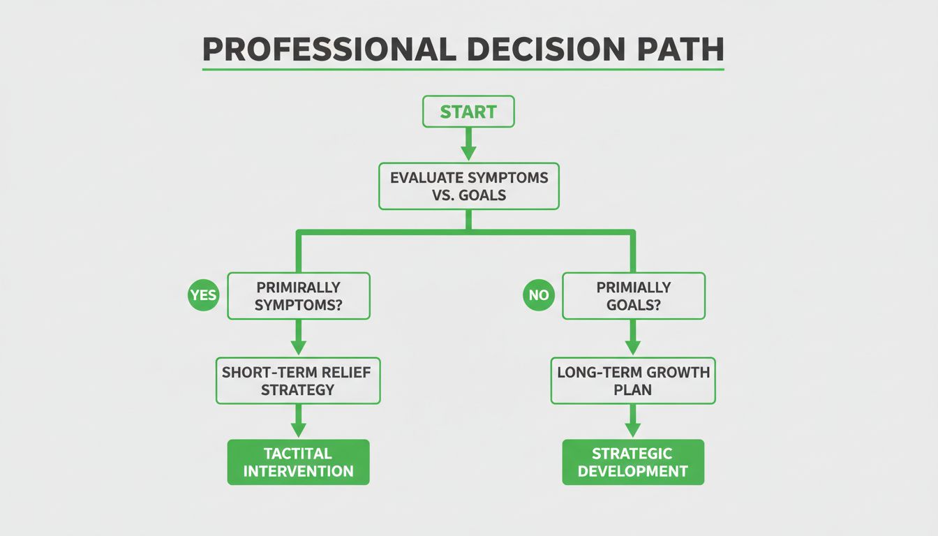 A professional decision-tree visual with clean typography, showing Yes/No branches for symptoms vs goals