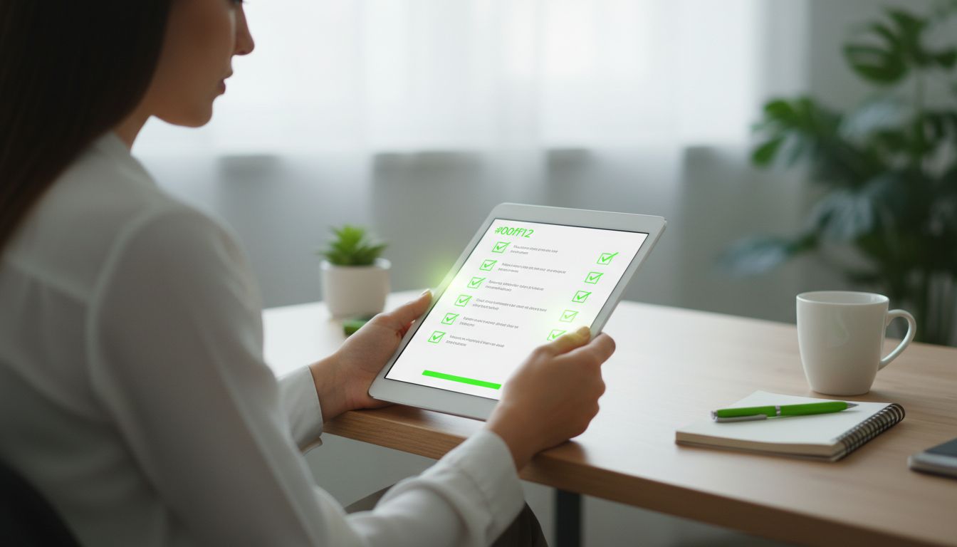 A professional, high-quality image of a person reviewing a checklist on a tablet in a calm workspace