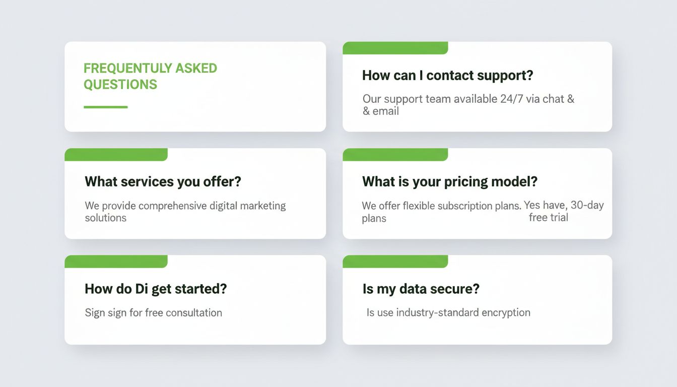 A professional, high-quality image of a FAQ card layout on a clean background, modern typography