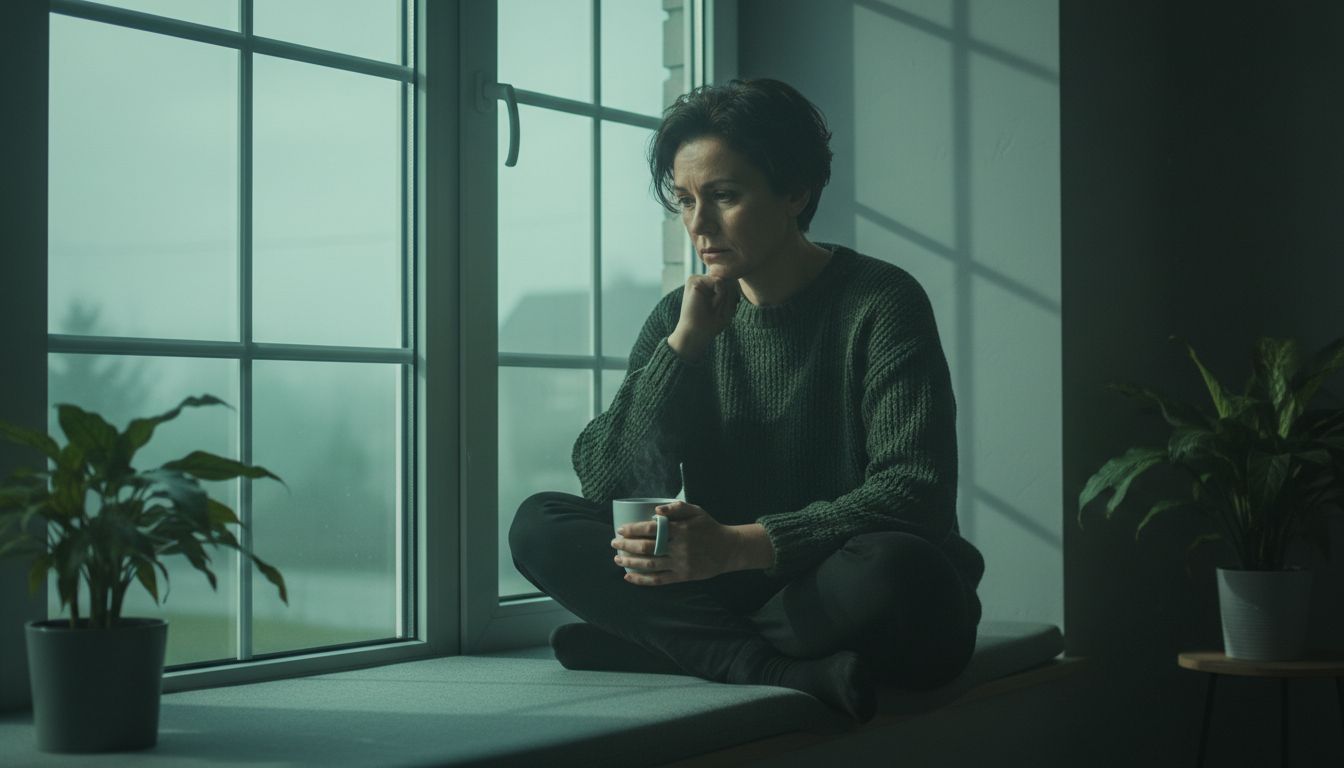 A professional, high-quality photo of an adult sitting by a window with soft morning light, conveying introspection and emotional heaviness