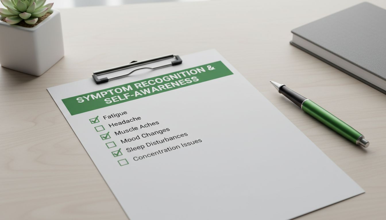 A clean, professional visual of a checklist on a desk with a pen, symbolizing symptom recognition and self-awareness