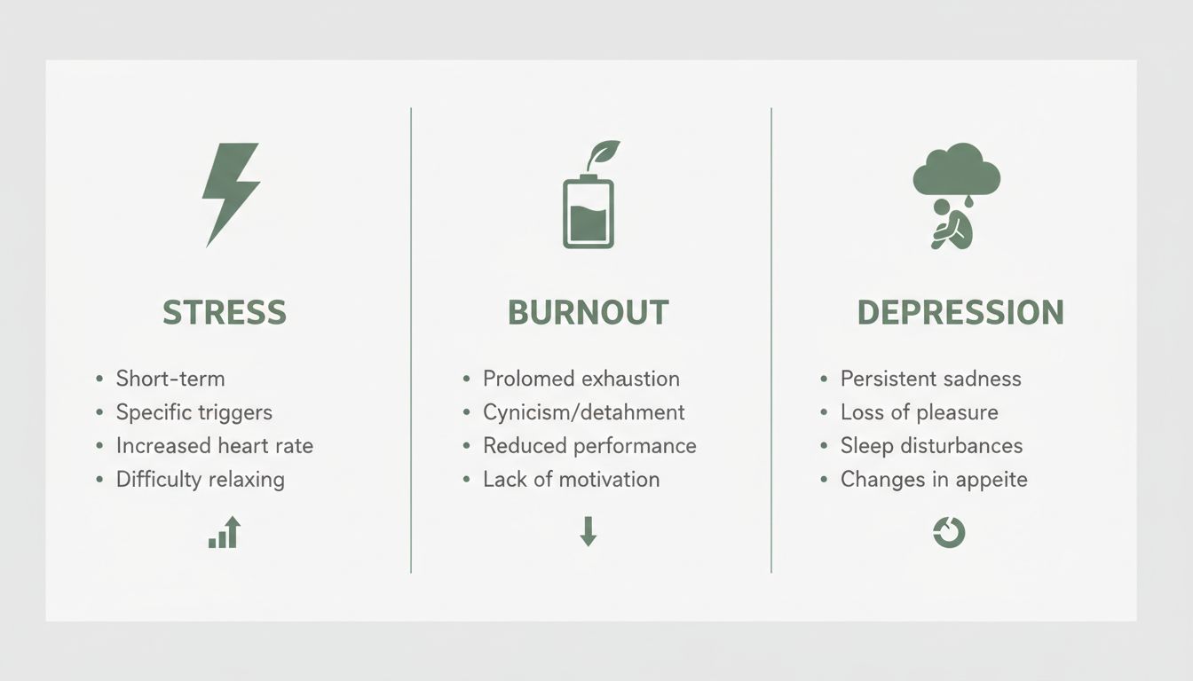 A professional comparison visual with three columns labeled Stress, Burnout, Depression using icons and muted colors
