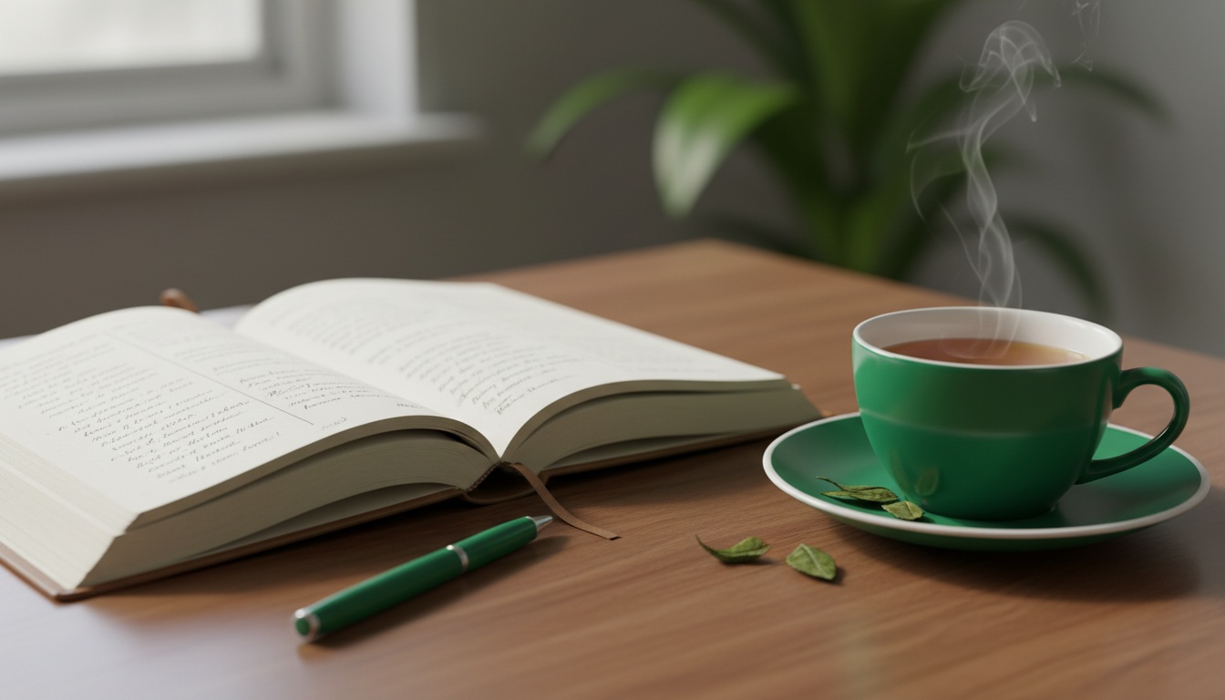 A high-quality photo of a journal open beside a cup of tea, symbolizing reflective self-checking