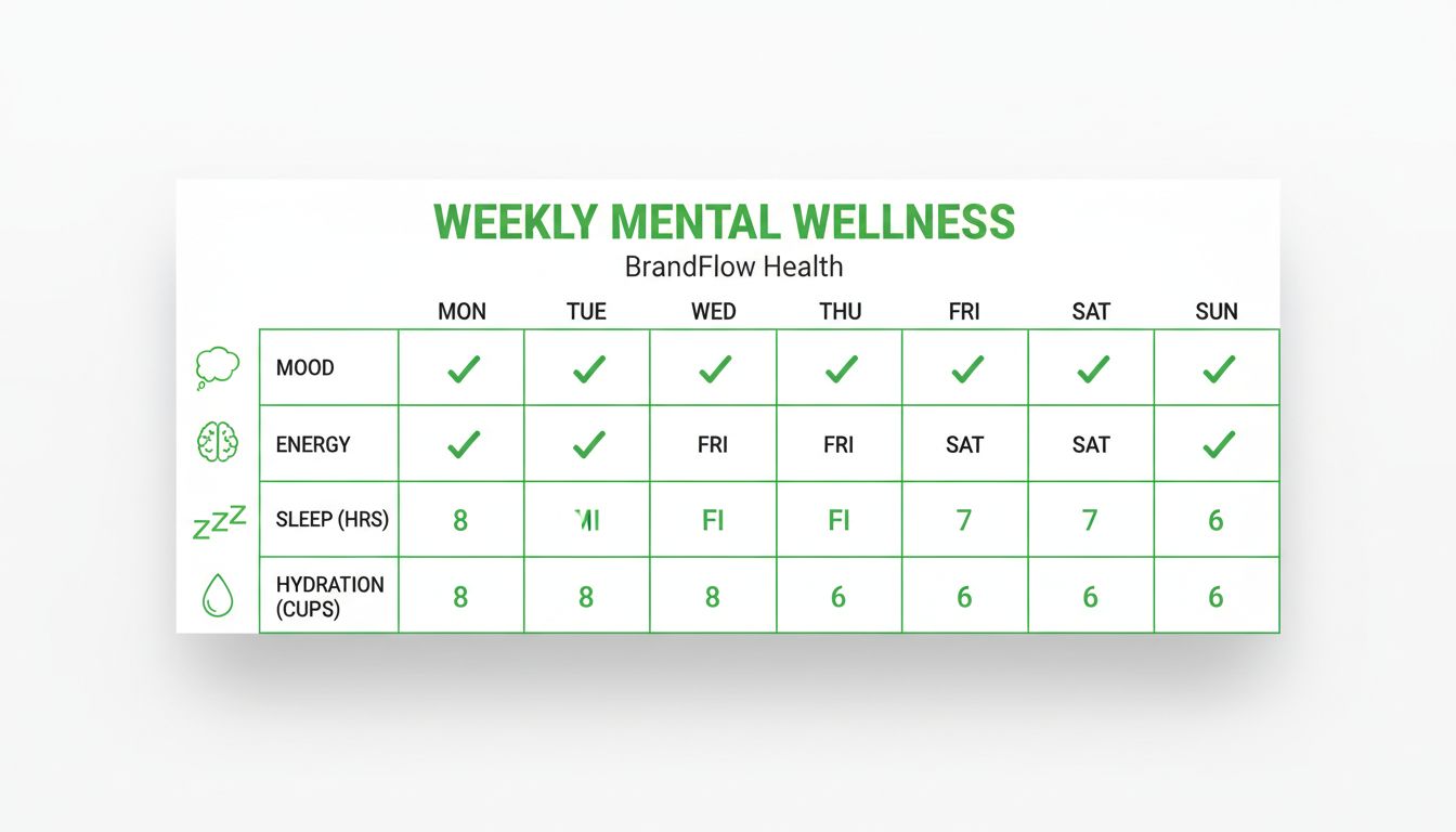 A professional minimalist graphic of a weekly tracker with checkmarks, designed for mental health monitoring