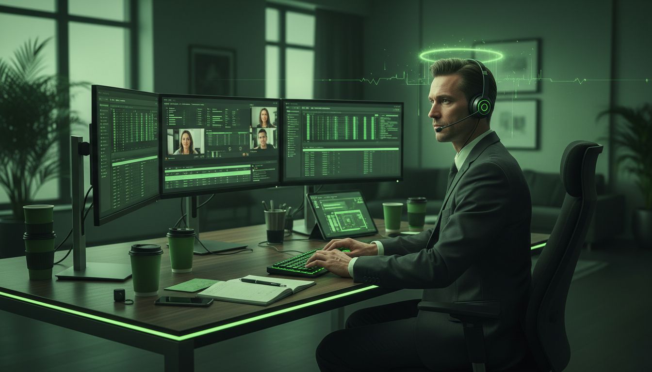 A high-quality office/home workspace scene showing an adult multitasking with a neutral expression, highlighting “high-functioning” distress