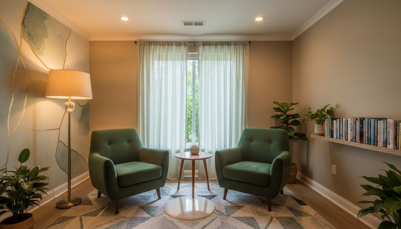 A professional, welcoming photo of a calm counseling space with two chairs and warm lighting