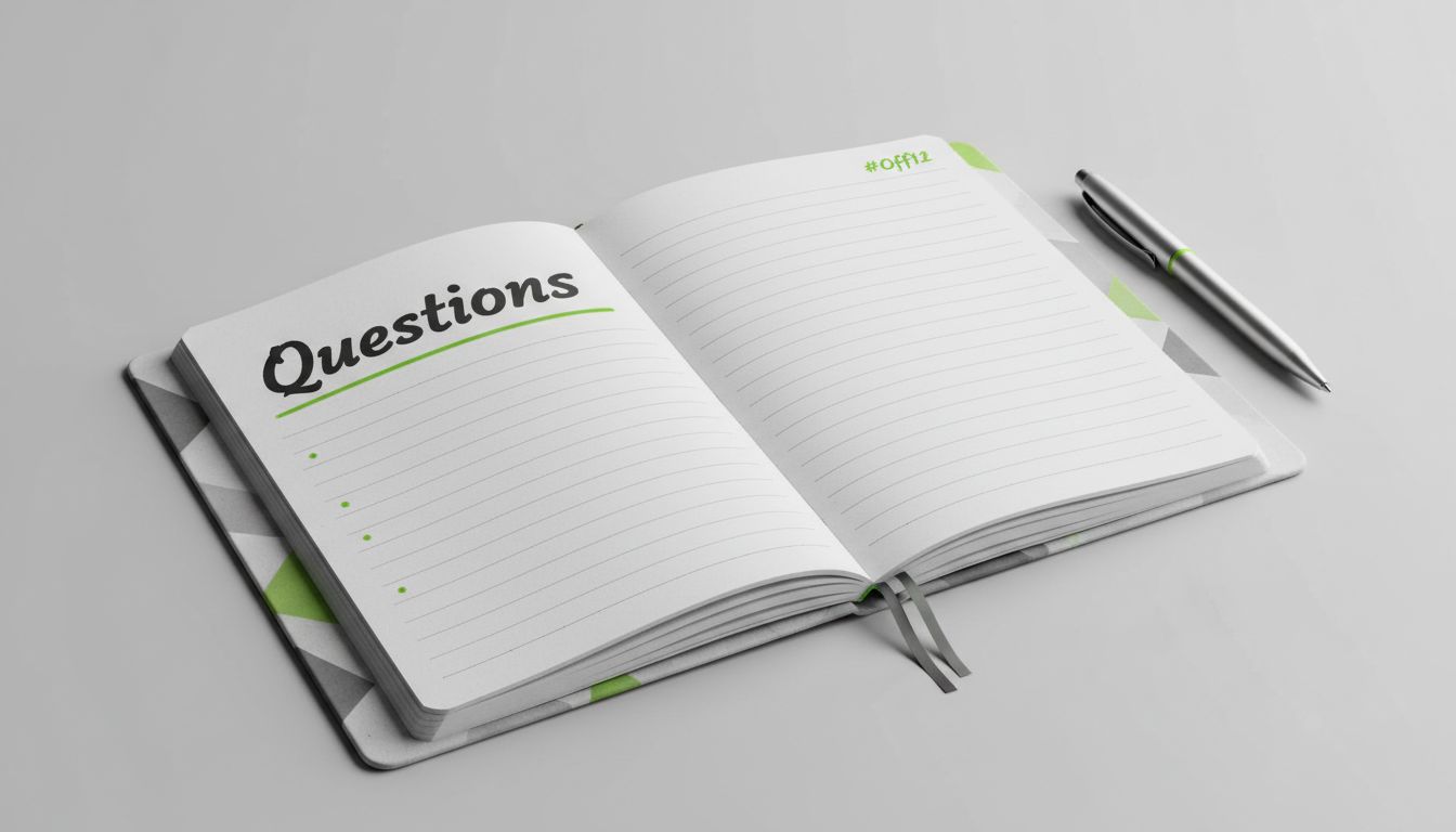 A professional Q&A-style visual: notebook with “Questions” written, clean design, neutral background