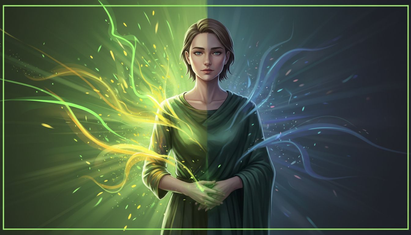 Professional, high-quality illustration of a calm person in the center with two contrasting halves—bright energetic tones on one side and muted darker tones on the other—symbolizing mood polarity