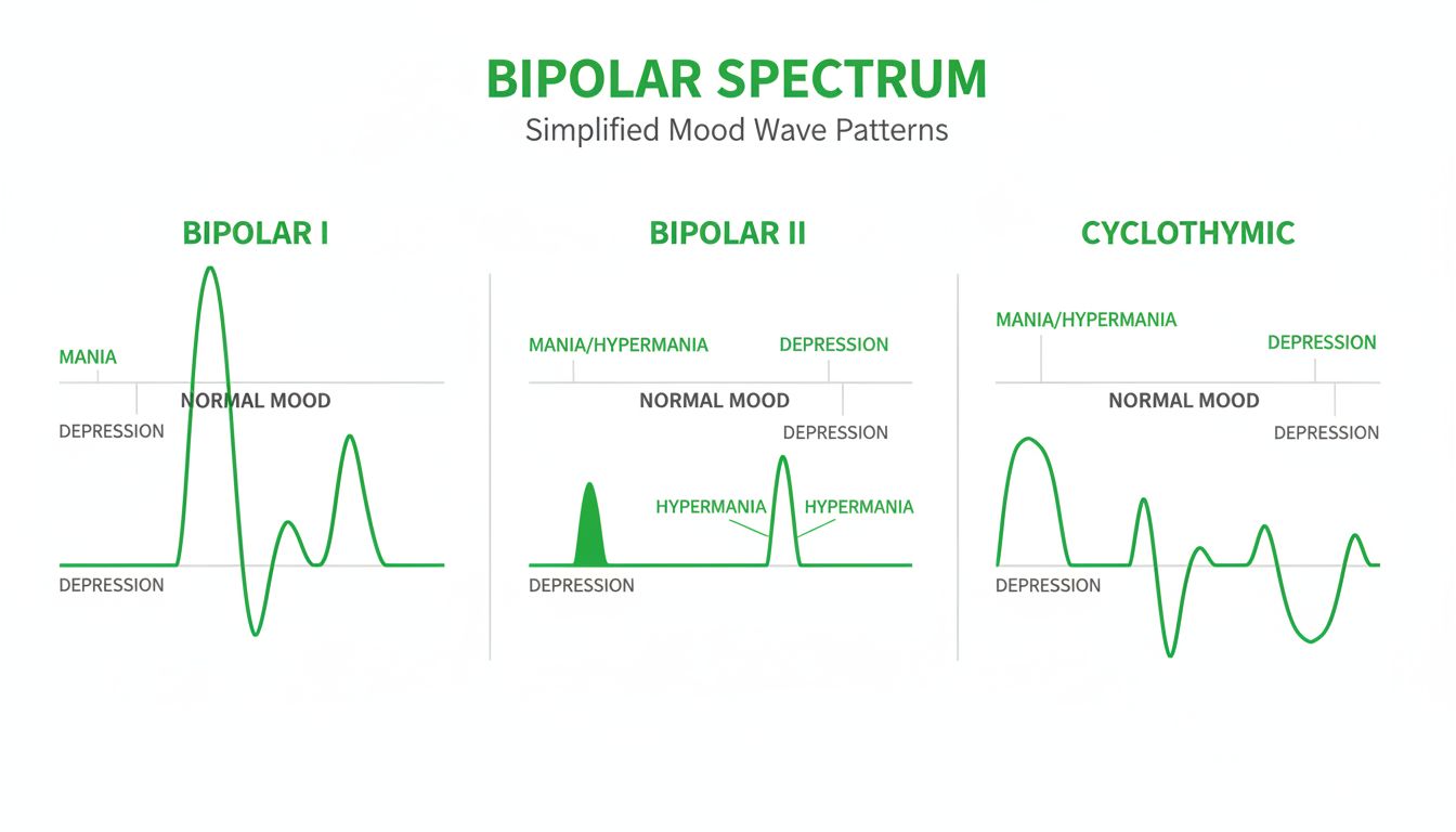 Clean, professional medical-style diagram showing bipolar types (Bipolar I, Bipolar II, Cyclothymic) with simplified mood wave lines