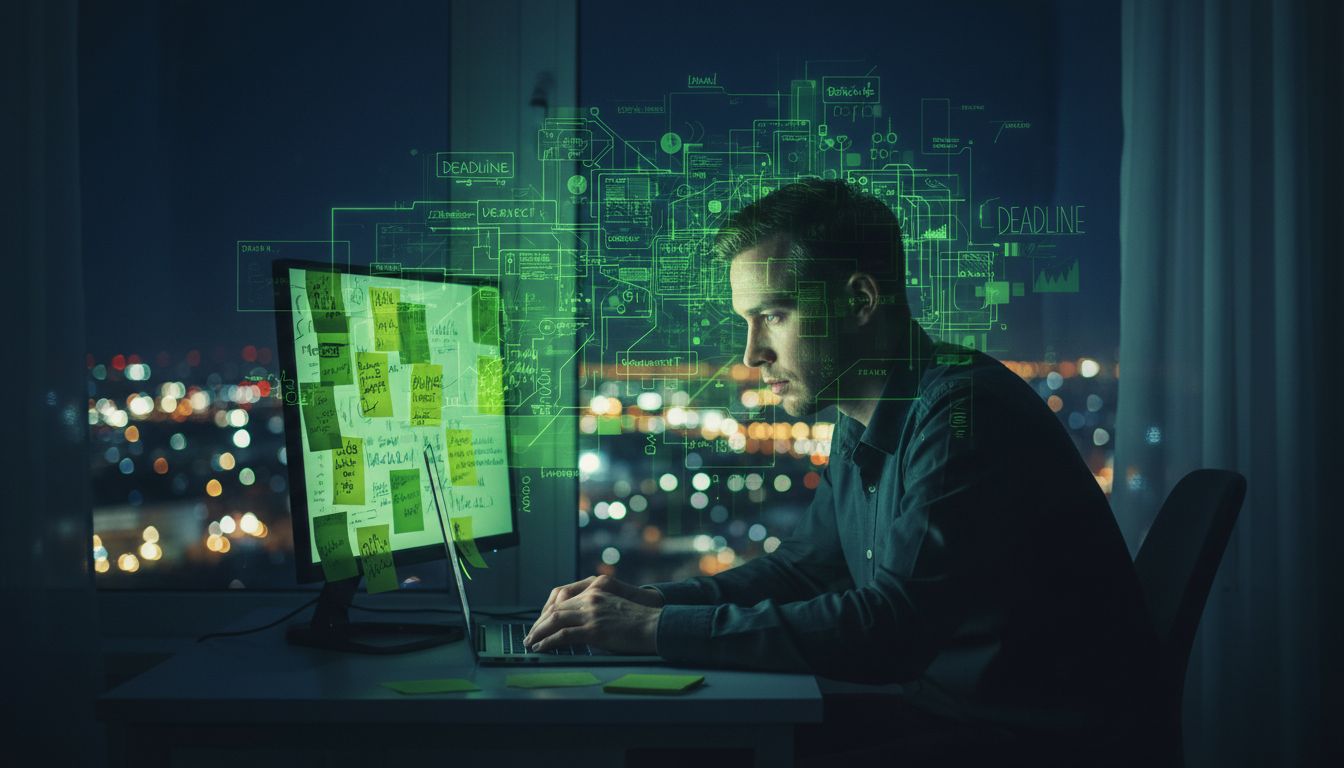 High-quality photo-style illustration of a person awake at night with bright city lights, multiple sticky notes, racing thoughts shown as subtle overlays