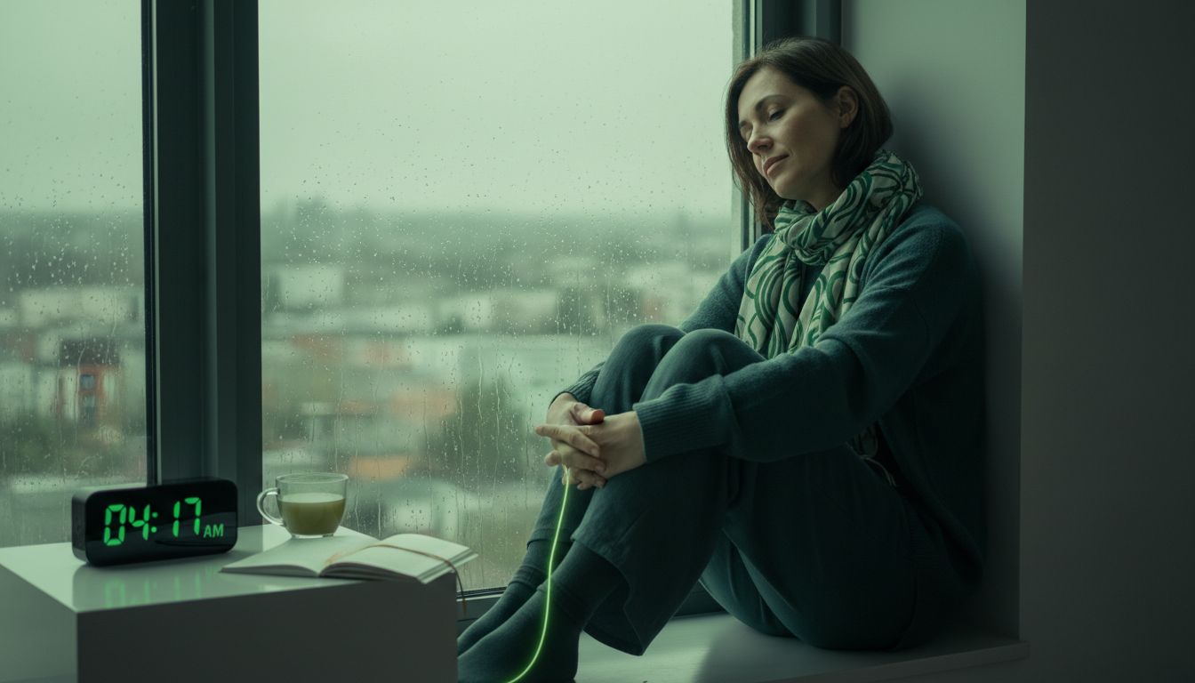 Professional, high-quality image of a person sitting by a window in muted tones, with subtle symbols of fatigue and slowed movement