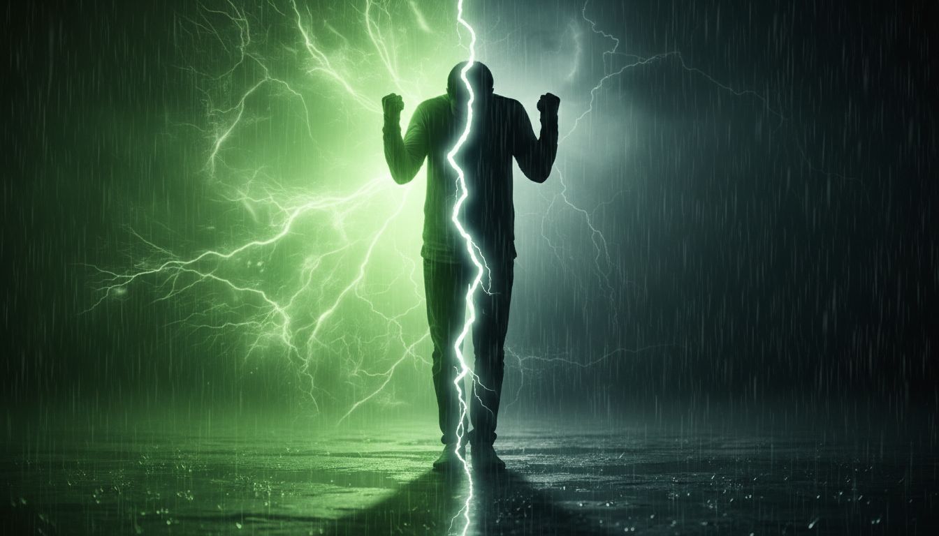 Split-tone visual showing a person with tense posture; half background energetic bright, half dark rainy, representing mixed mood