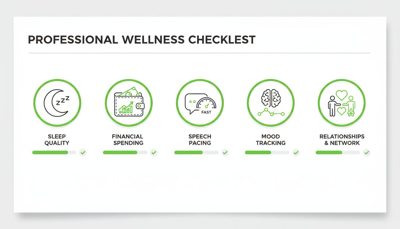 Professional checklist graphic with icons for sleep, spending, speech speed, mood tracking, and relationships