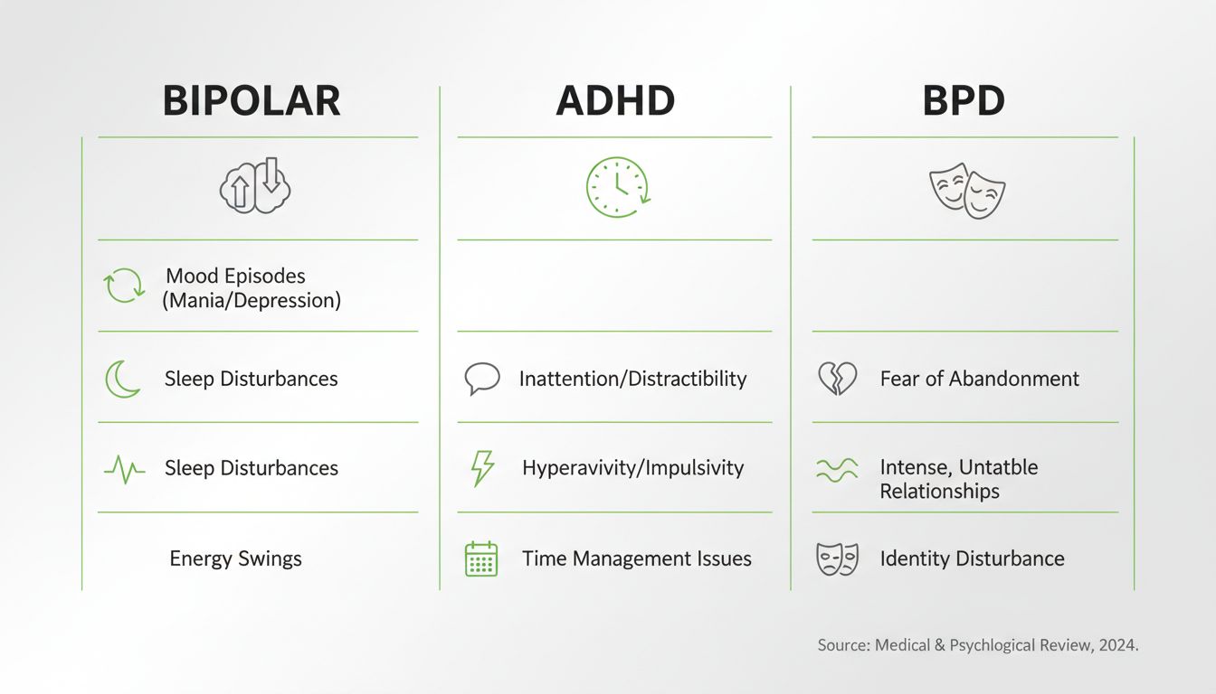 Professional, high-quality comparative chart-style visual with three columns: Bipolar, ADHD, BPD; minimal icons