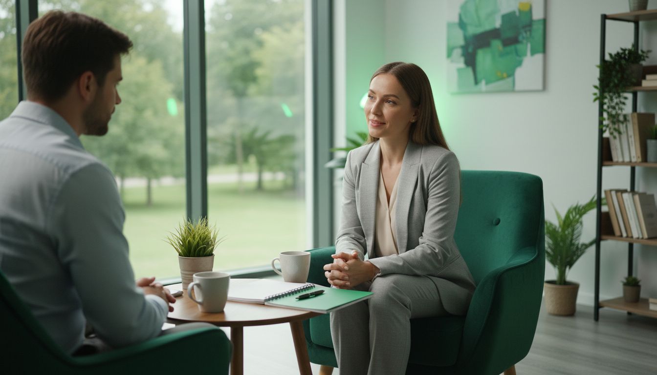 Warm, professional image of a supportive counseling setting—two people talking calmly, notebook on table, soft lighting