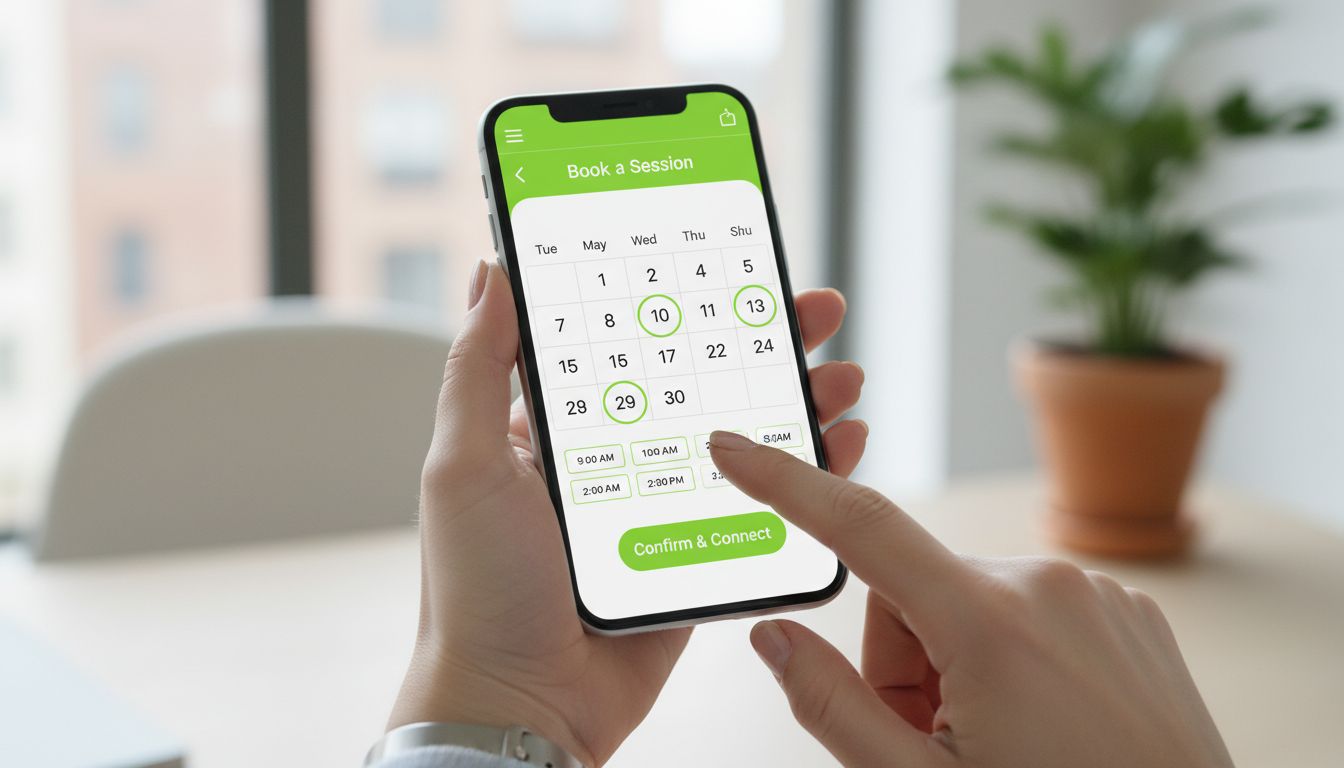 Professional close-up of hands holding a phone with a calendar booking screen, suggesting reaching out for help