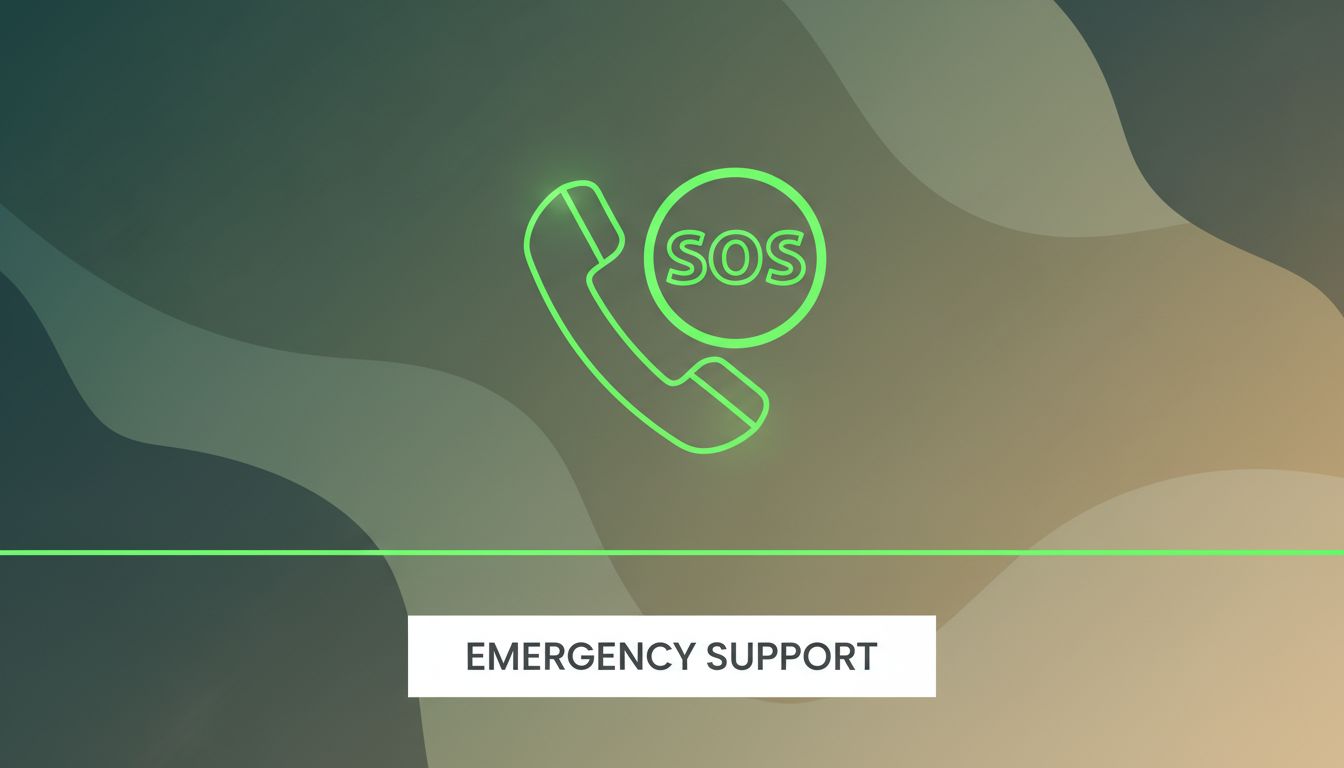 Professional, minimal visual of an emergency phone icon and calm grounding colors