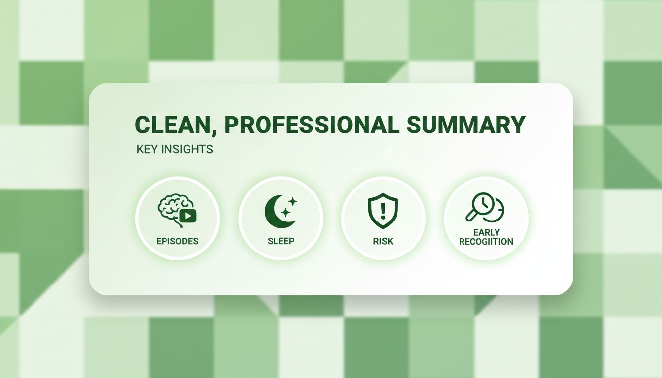 Clean, professional summary card graphic with 4 bullet icons: episodes, sleep, risk, early recognition
