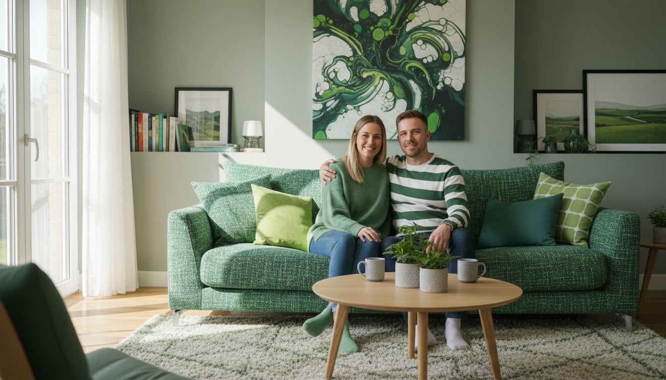 A calm living-room scene with two people sitting side-by-side on a sofa, warm natural light, supportive body language, professional high-quality photo