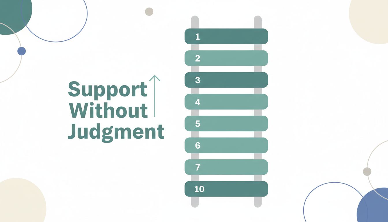 A clean professional infographic-style visual of a 10-step ladder labeled “Support Without Judgment,” muted colors, minimalist design