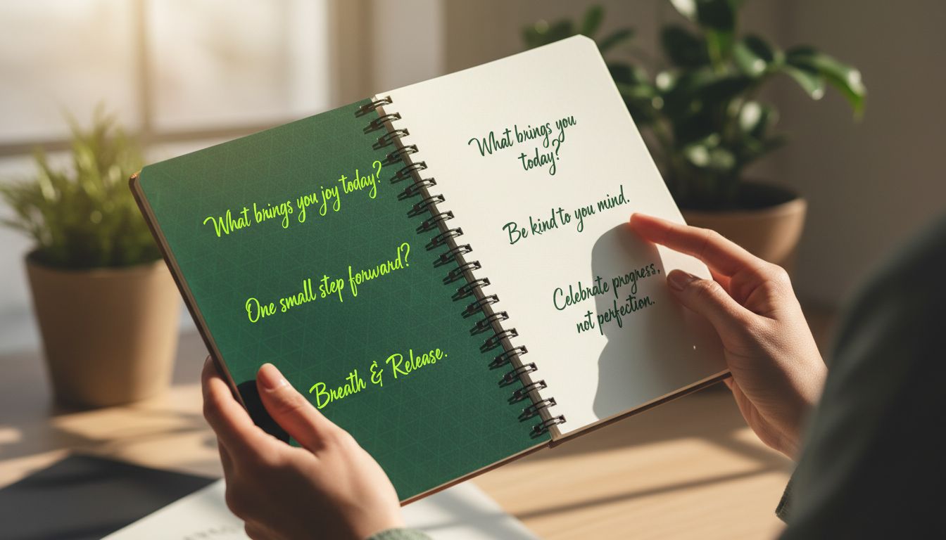 A professional photo of a person holding a notebook with gentle prompts written on it, soft lighting, calm tone