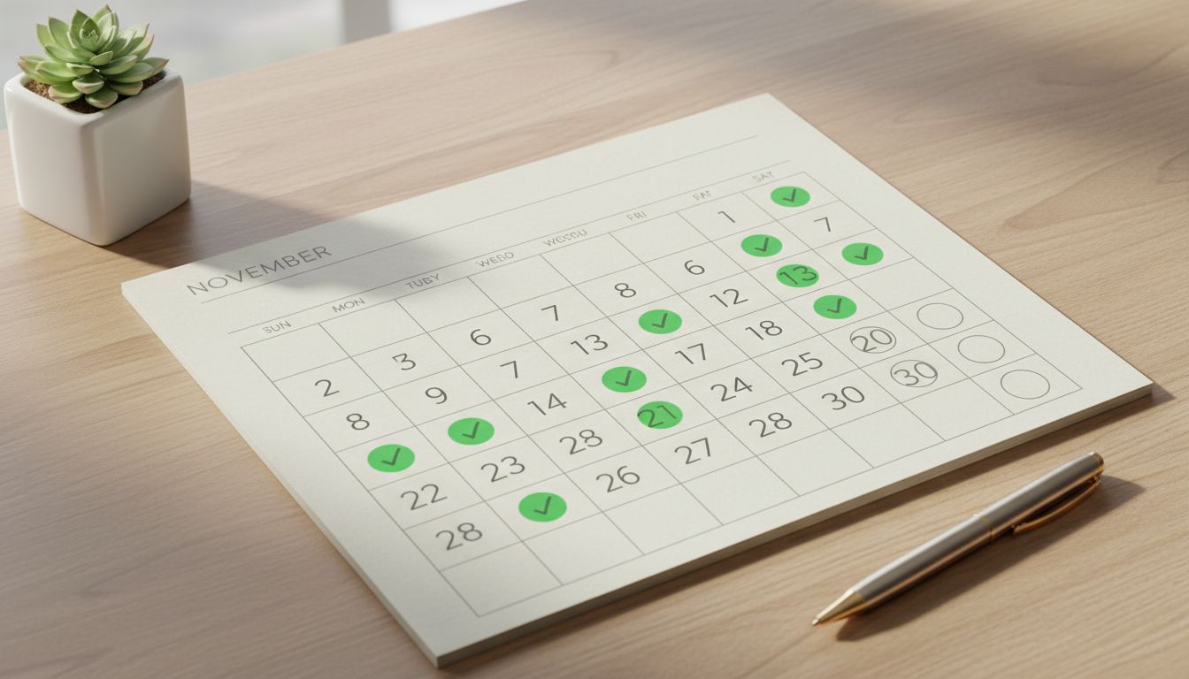 A clean calendar page with minimalistic check-in markers, warm neutral tones, professional high-quality