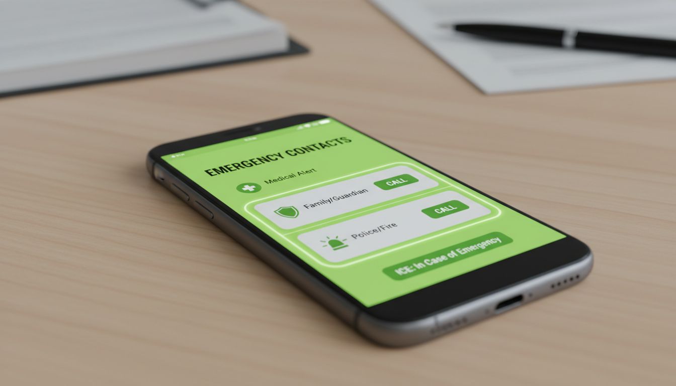 A professional, respectful visual of a phone on a table with an emergency contact screen, no sensational imagery