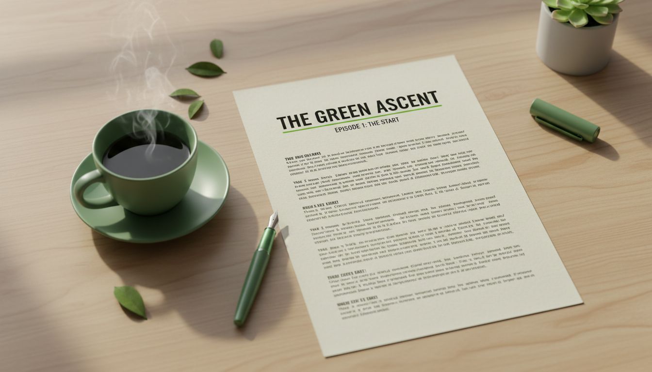 A professional, clean one-page script layout on a desk with a cup of tea, soft lighting