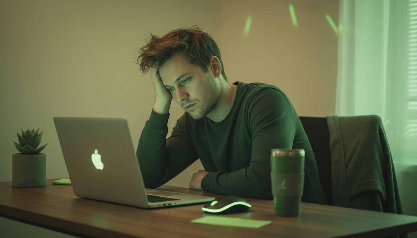 Professional, high-quality photo of a person sitting at a desk with a laptop, head resting on hand, warm neutral lighting, conveying mental fatigue