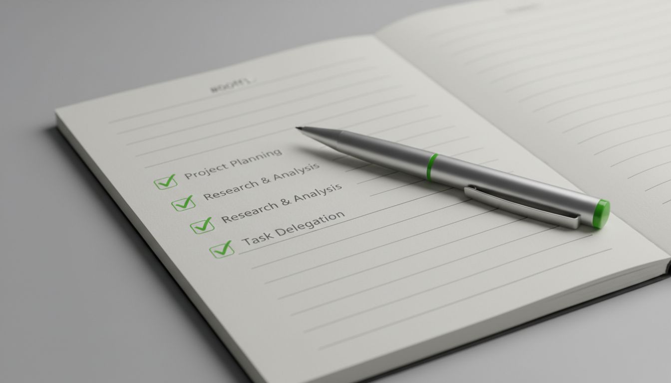 Professional, high-quality image of a minimal checklist on a notebook with a pen, clean composition
