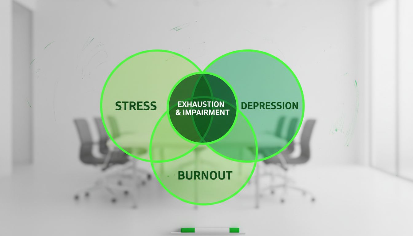 Professional, high-quality conceptual image of three overlapping circles (Venn diagram style) on a whiteboard, representing stress, burnout, and depression
