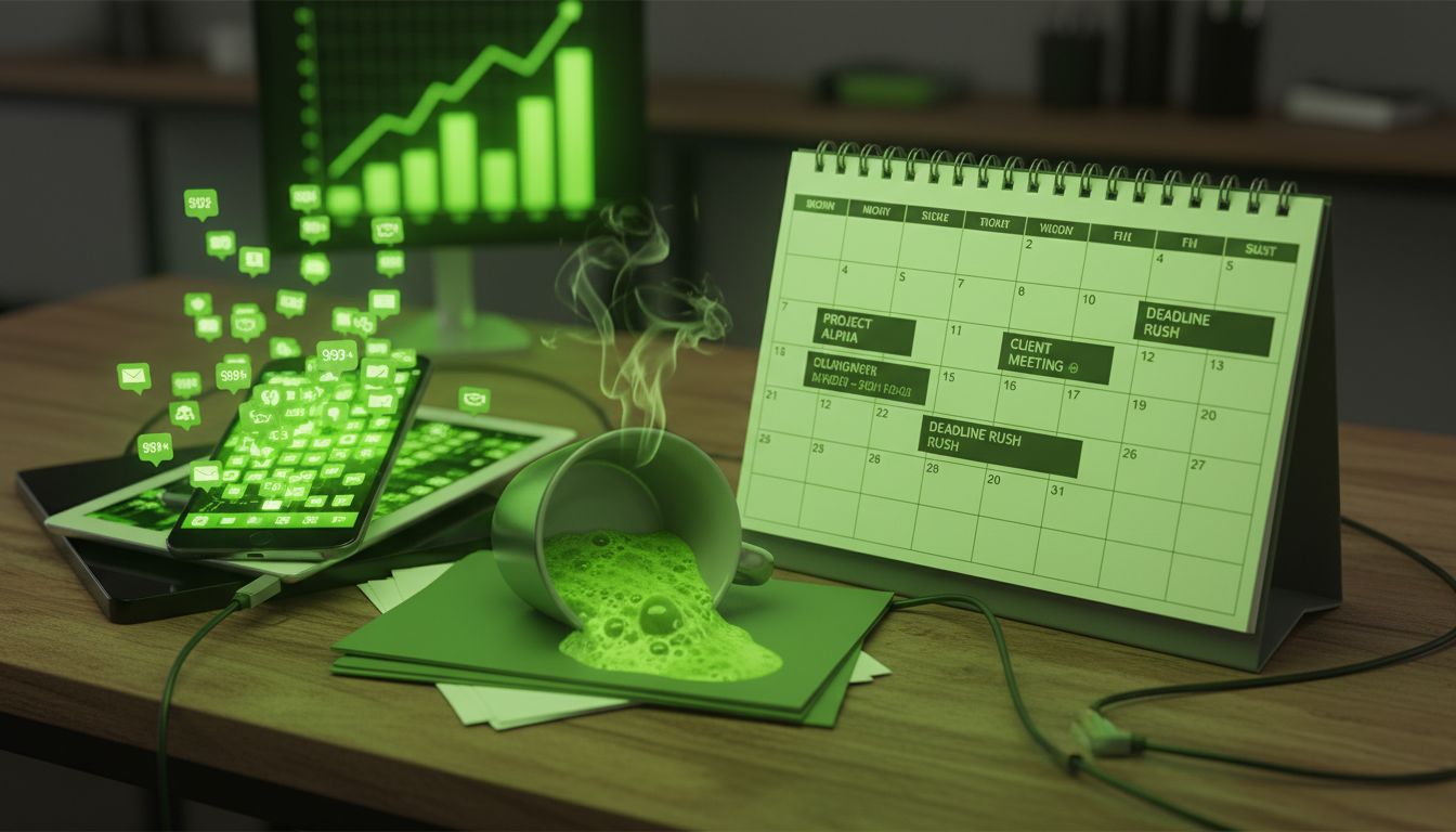 Professional, high-quality image of a calendar, notifications, and coffee cup on a desk, representing overload and constant demands