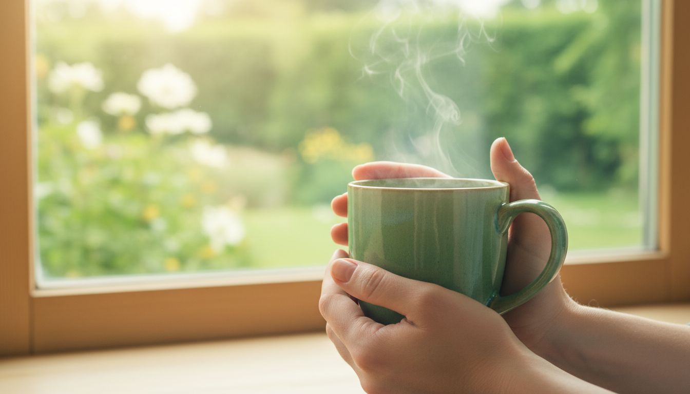 Professional, high-quality calming image of hands holding a warm mug near a window with soft daylight