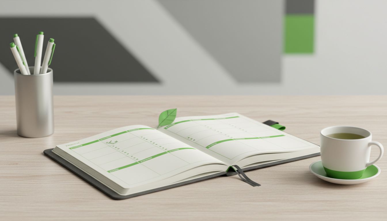 Professional, high-quality image of a 7-day planner on a desk with minimal stationery, clean and modern