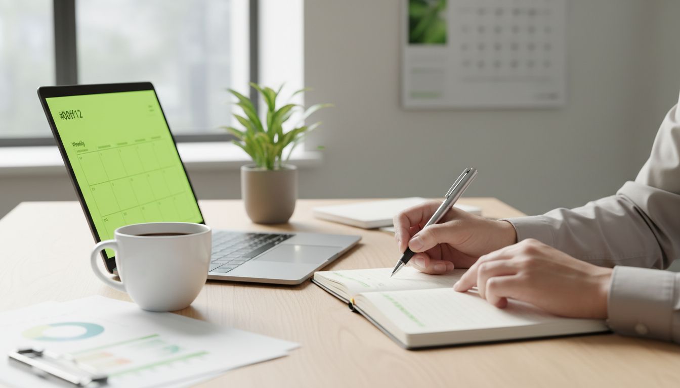 A professional, high-quality photo of a busy person planning a weekly schedule with calm morning light, coffee, and a notebook
