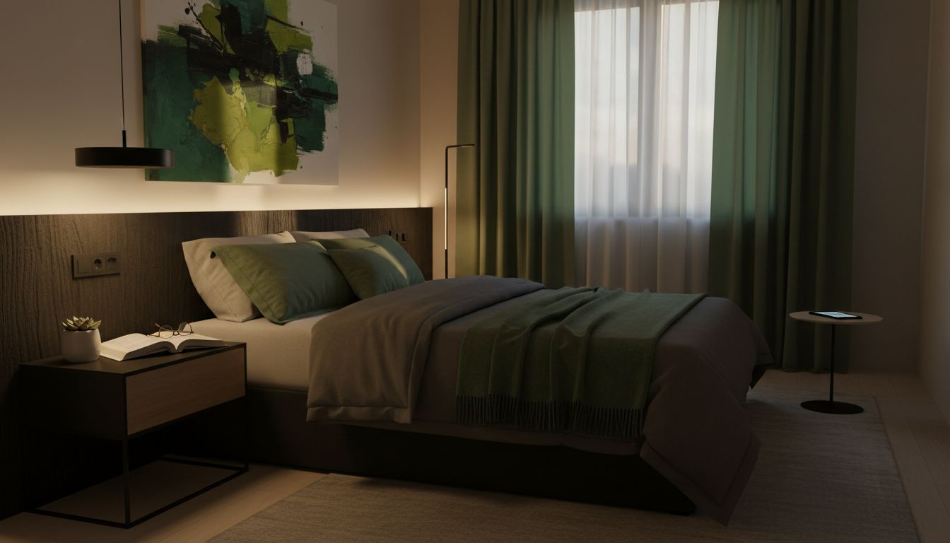 A professional bedroom scene with dim warm lighting, phone placed away from the bed, and a book on a nightstand