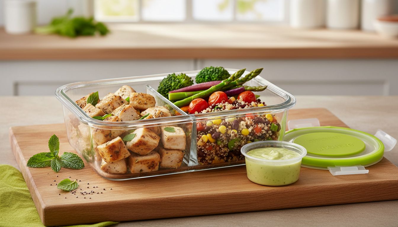 A professional, high-quality photo of a balanced meal prep container with protein, vegetables, and whole grains