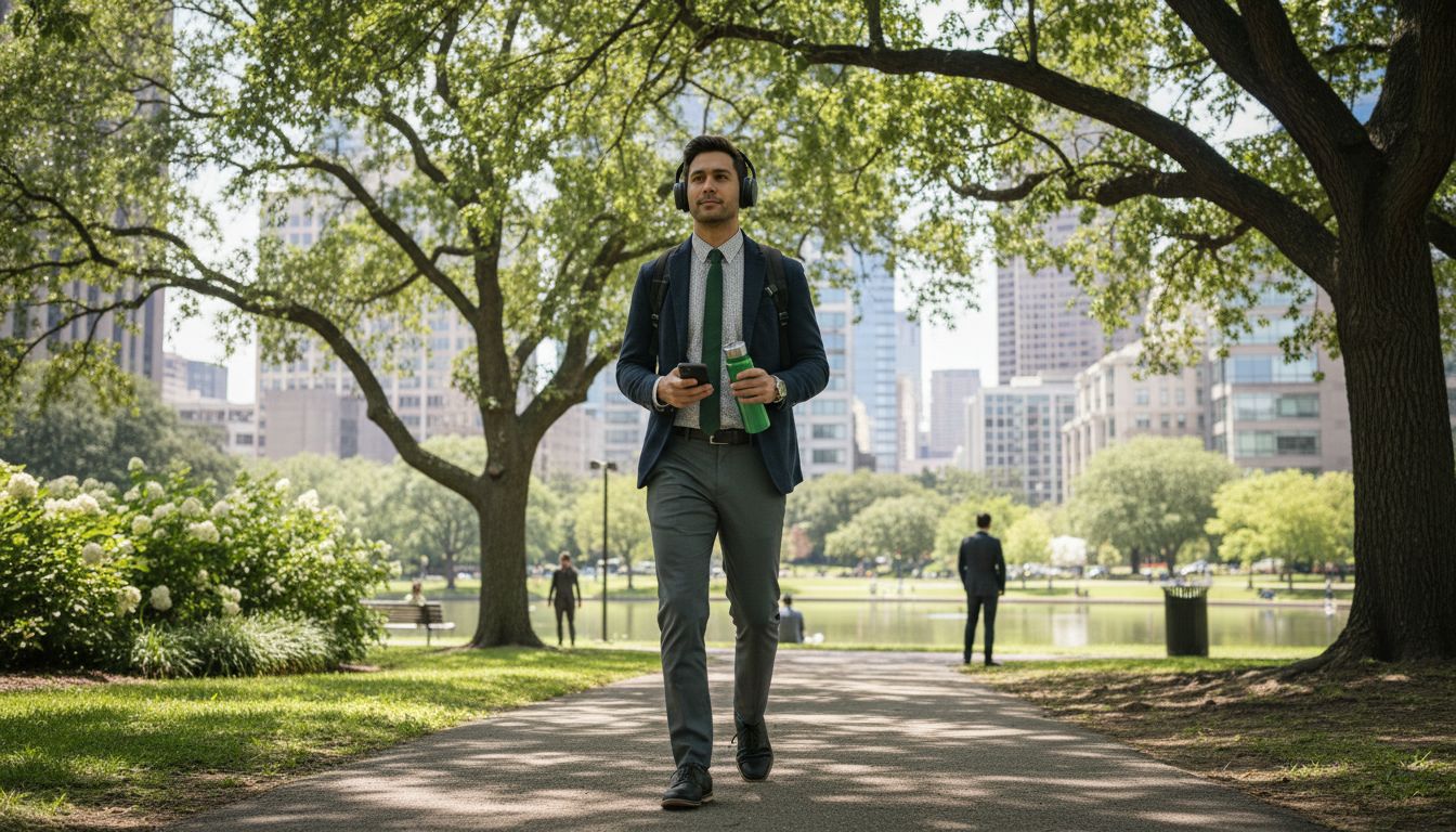 A professional outdoor scene of a person walking in a city park during lunch break, wearing work attire and headphones